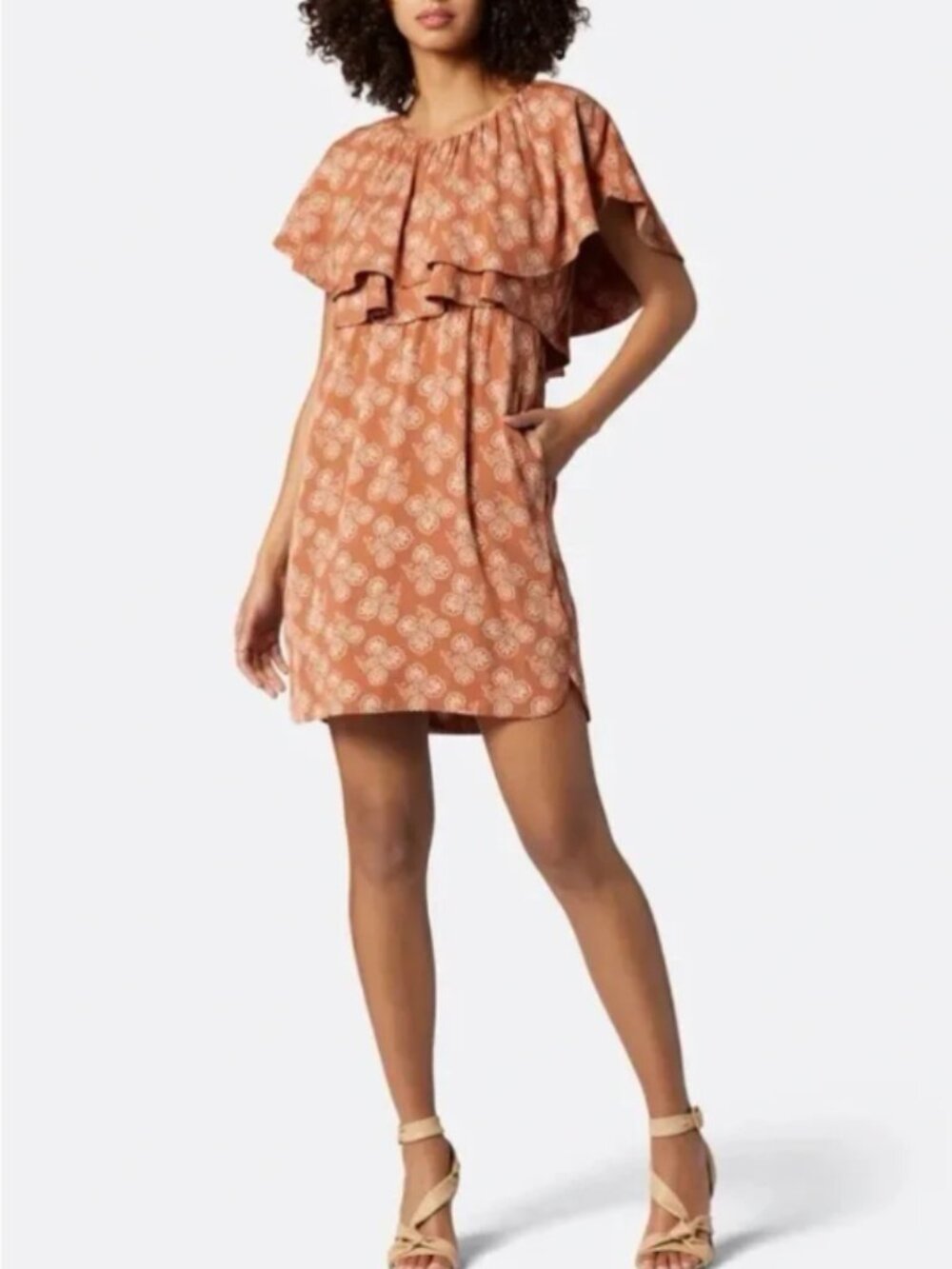 JOIE Brown Floral Layered Ruffle Neck Dress Sleeveless Pockets Size L